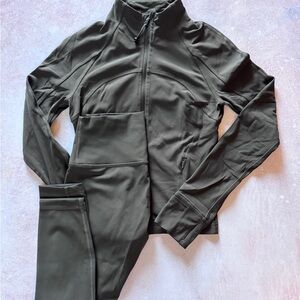 Lululemon Define Jacket Cropped & Wunder Tight Leggings Dark Olive Set 4 Small